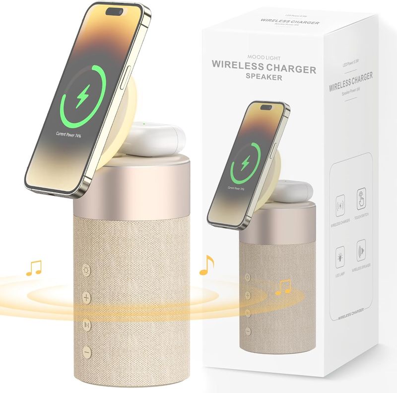 Bluetooth-Lautsprecher mit Nachtlicht, magnetisches kabelloses Ladegerät, 2-in-1-Ladestation für kabelloses iPhone 14/13/12-Serie, AirPods Pro/3/2_voghion.com