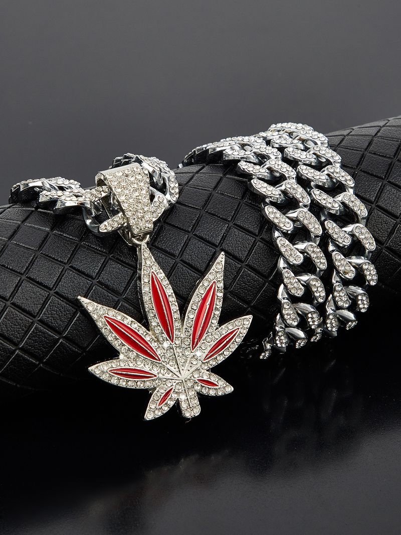 Heißer Verkauf Mode Diamant Rot Und Blau Emaille Ahornblatt Halskette Männer Hip Hop Punk Anhänger Halskette_voghion.com