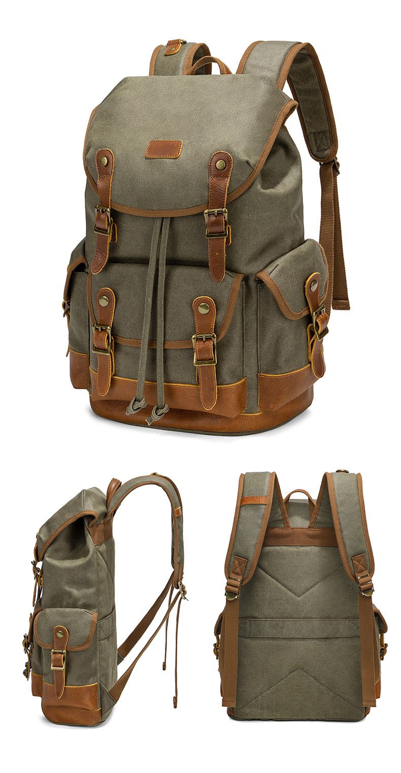 Canvas Rucksack, Casual Männer Rucksack, Retro Top Schicht Kouleder, Outdoor Reesrucksak waasserdicht_voghion.com