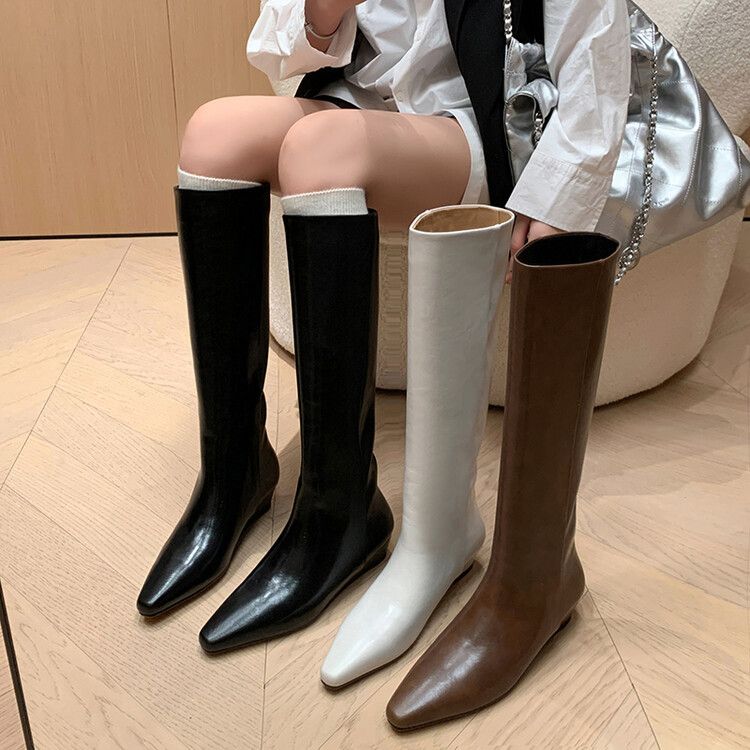 Keilabsatz Slip-On Leder Hoher breiter Schlauch Herbst Winter Neue Französische Einfache Mode Weiche Damenstiefel_voghion.com