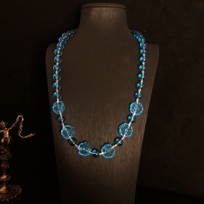 Conjunto de pulsera y collar de cristal azul retro, flores occidentales vintage medievales, retorno italiano, cristal antiguo_voghion.com