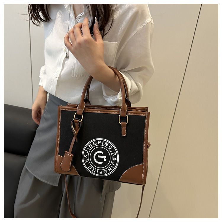 Vintage Canvas Tote Bag Large Capacity Shoulder Bag With Printed Letters, Color Blocking & Zipper Closure, Stylish & Spacious For Daily Use_voghion.com