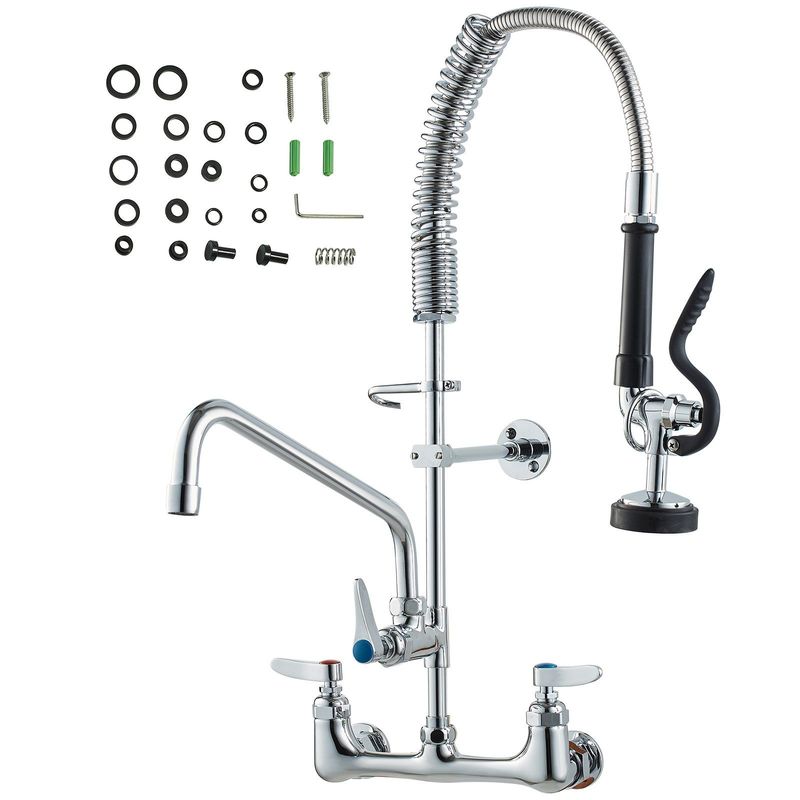 VEVOR Commercial Faucet With Pre-Rinse Sprayer, 25" Height, 8" Center, 12" Swing Spout, Wall Mount Kitchen Sink Faucet, Brass Constructed Device With Pull Down Spray, For 1/2/3 Compartment Sink_voghion.com