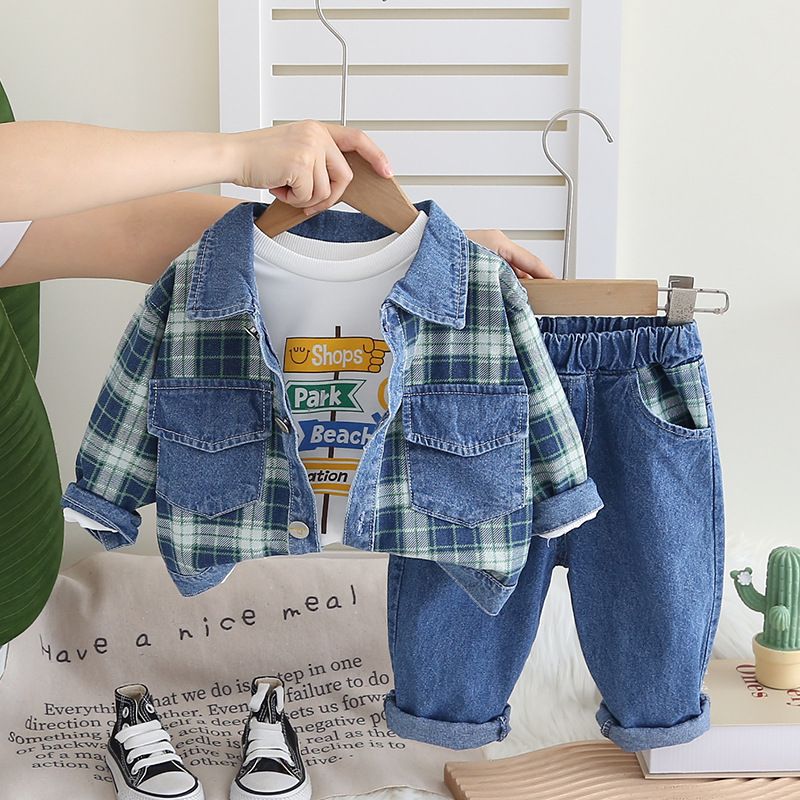 Kid's Clothing New boy's lapel open body denim checkered color matching jacket denim trousers three piece set source manufacturer wholesale_voghion.com