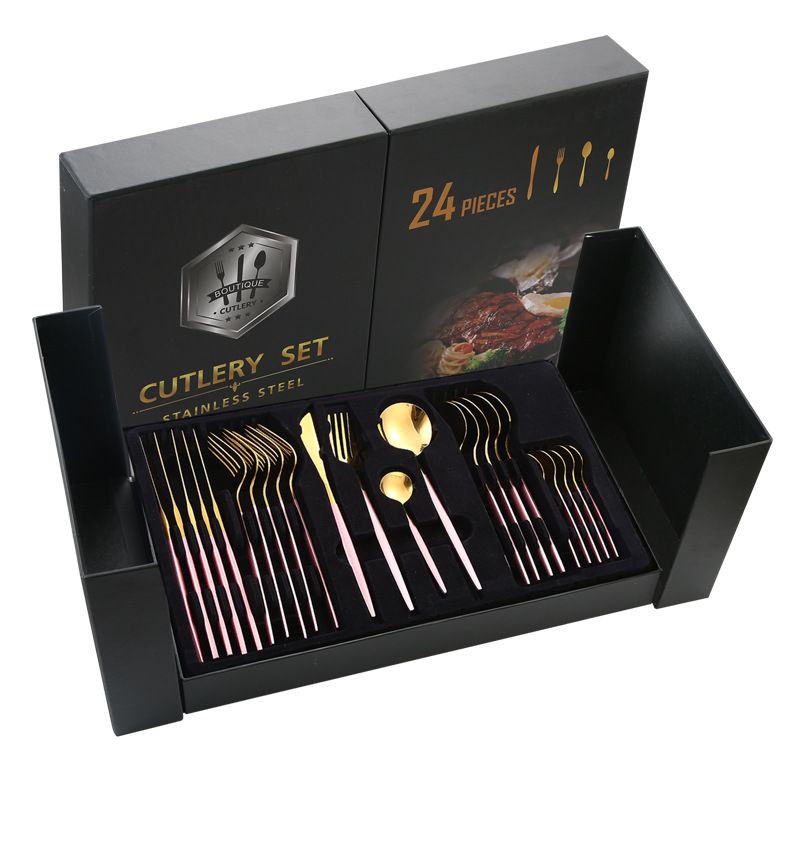 Juego de cubiertos de acero inoxidable de 24 piezas: cuchillos, tenedores y cucharas para carne, en una elegante caja de regalo._voghion.com