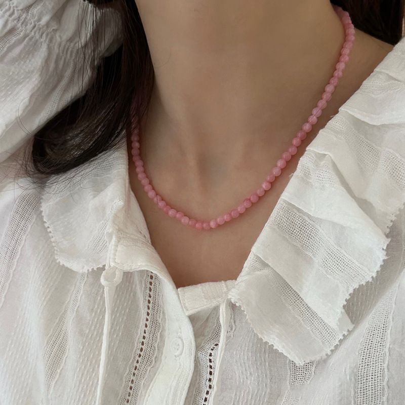 Klaar voorraad Minar Exquisite 4 6 8mm roze kleur ronde natuurlijke stenen kralen ketting voor vrouwen handgemaakte zilveren vergulde ketting streng_voghion.com