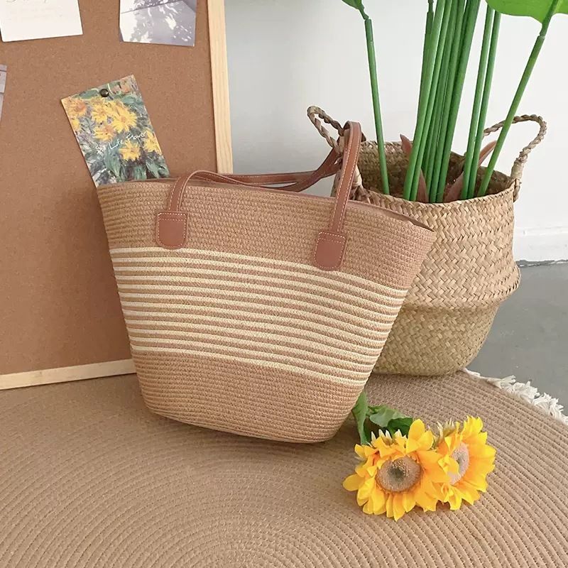 Borsa da spiaggia in rattan intrecciato, nuova, versatile, casual, da donna, a tracolla singola, a righe, in paglia, estiva, grande capacità_voghion.com