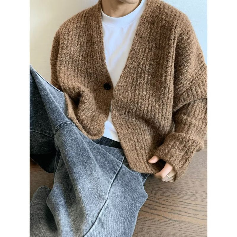 Men's Oversized Knit Cardigan – Japanese Minimalist Open Front Sweater (Brown/Blue, M-3XL)_voghion.com