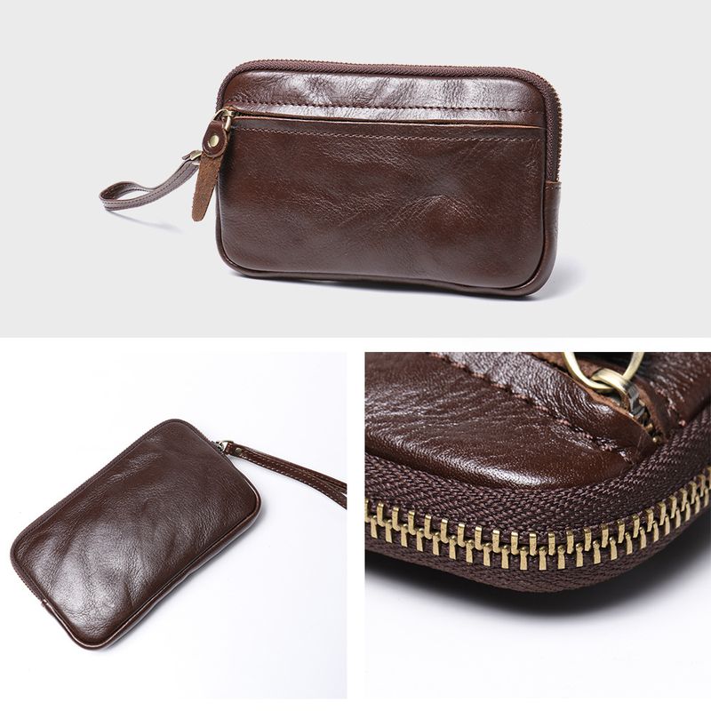 Genuine leather storage bag, key bag, high-end new vegetable tanned leather zipper handbag, cowhide zero wallet, large capacity card bag_voghion.com