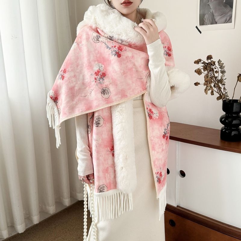 Woolen collar tassel shawl with wool thickened national style cloak hooded woolen coat woman_voghion.com