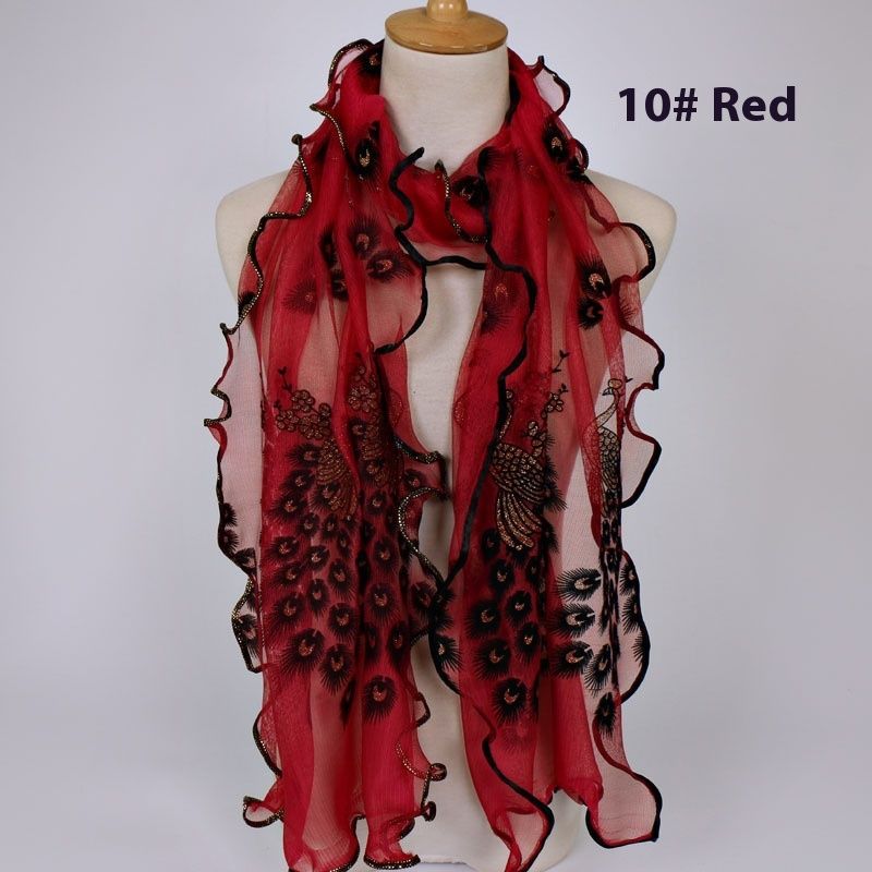 Peacock Plush Breathable Long Scarf With Gold Foil And Lace Edging For Women_voghion.com
