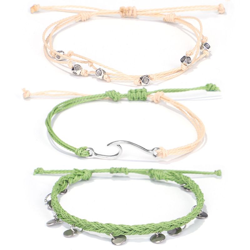 New Bohemian Vacation Style Summer Wax Thread Braided Wave Anklet Set_voghion.com