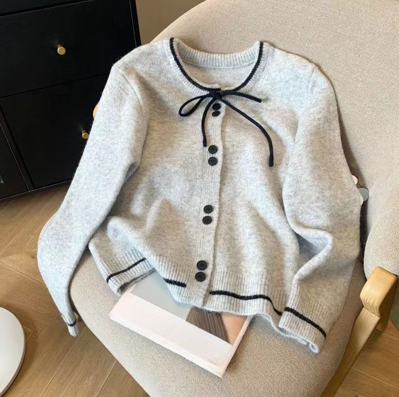 K Fashionable Korean Style Women's Knit Cardigan With Tie; New Style, Collarless, Long Sleeve Top With A Schoolgirl_voghion.com