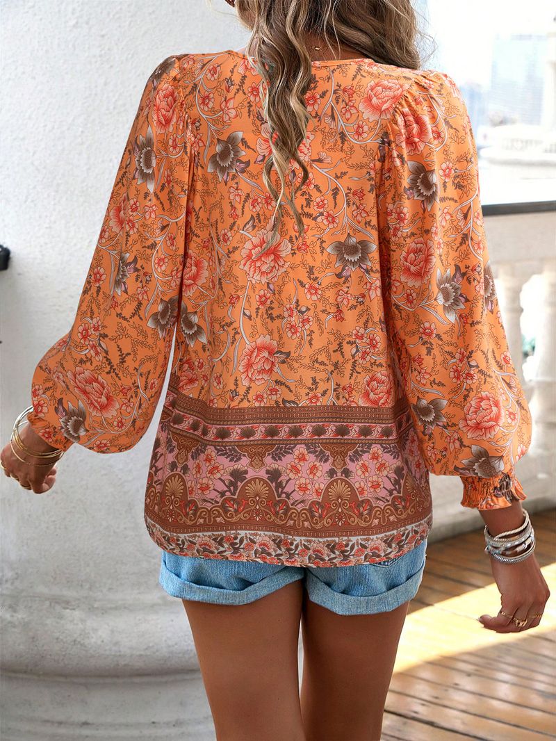 Maglietta stampata da donna, top a maniche lunghe con scollo a V e temperamento_voghion.com