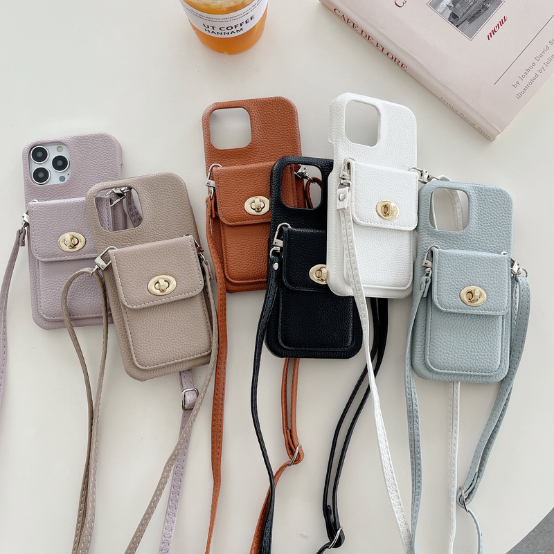 Mobile phone case lock card holder diagonally suitable for Apple 15pro max mobile phone case iPhone14 pebbled pattern protective cover_voghion.com