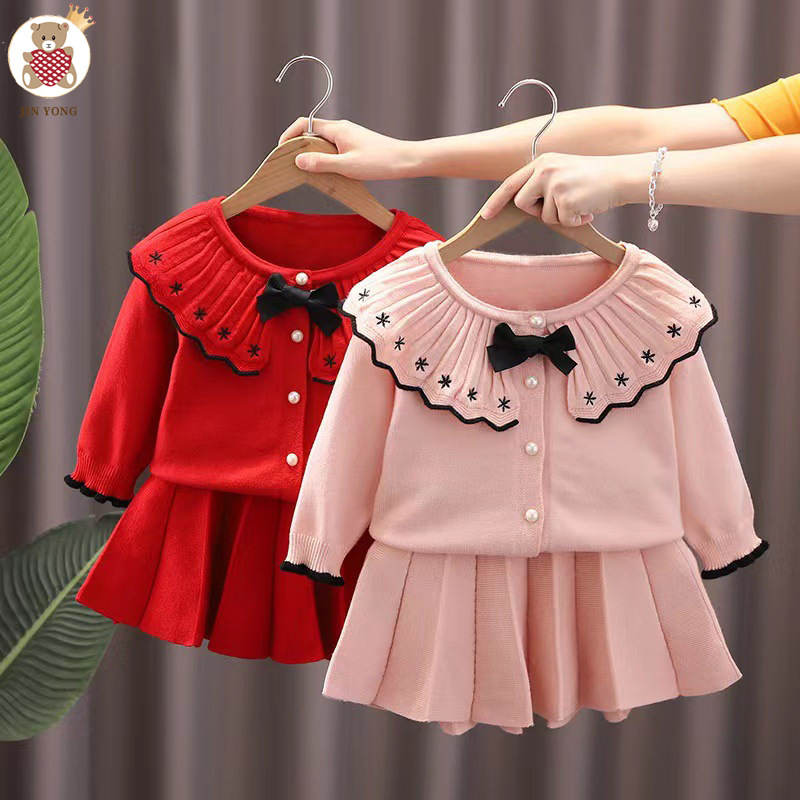 Suéter de punto de dos piezas para niña, edición coreana, otoño/invierno 2022, conjunto de media falda y cárdigan_voghion.com