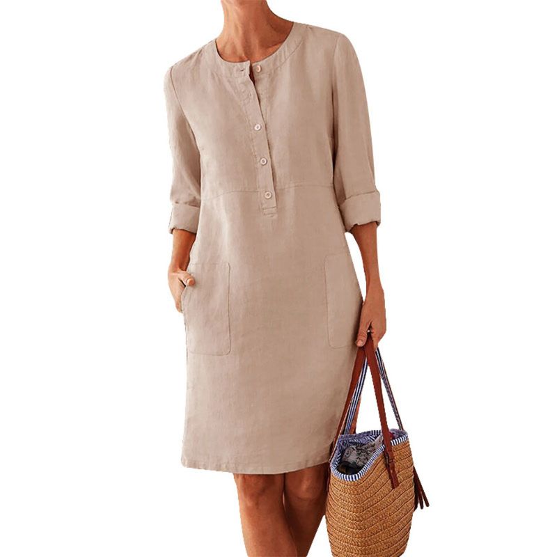 Abito da donna in cotone e lino con scollo rotondo e maniche lunghe_voghion.com