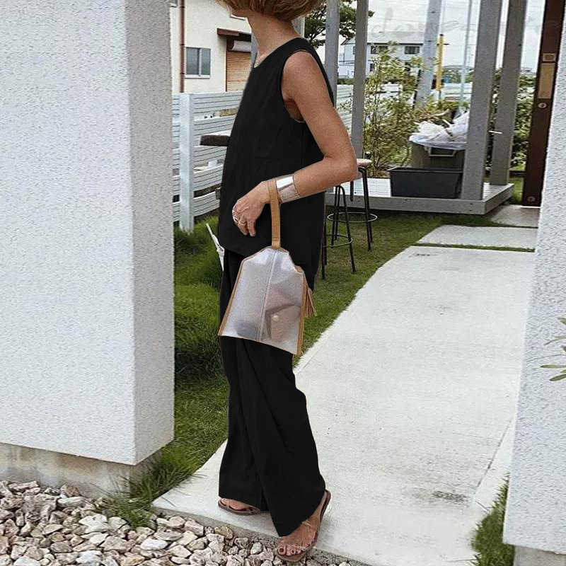 Completo da donna in taglie forti, con camicia e pantaloni larghi in tinta unita, due pezzi_voghion.com
