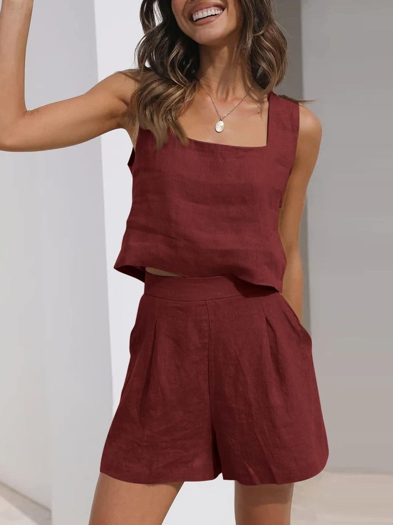 Abito casual da donna in 2 pezzi, pantaloncini di lino, gilet senza maniche_voghion.com