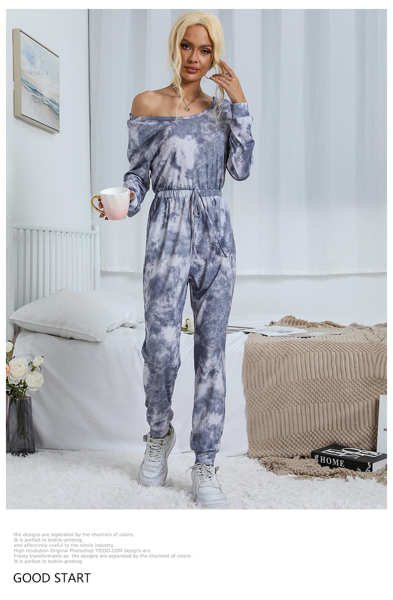 Dameskleding onafhankelijke station spot kleding tie-dyed ronde hals lange mouwen trekkoord broek jumpsuit_voghion.com