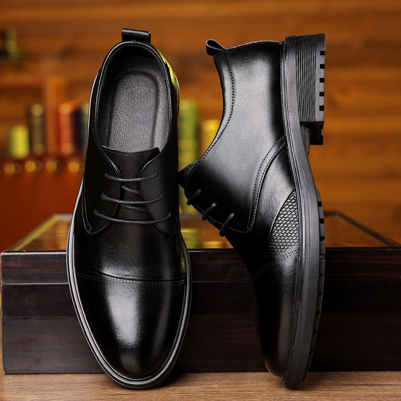 Formal Leather Cowhide Business Casual Lace-Up Pointed Soft Sole Trendy Men's Suit Commuter Office Shoes_voghion.com