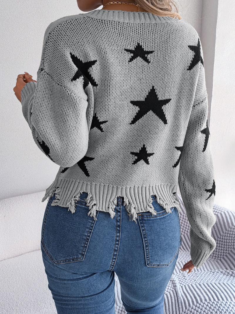 Damenbekleidung Stil Herbst und Winter Lässiger V-Ausschnitt Star Cut Langarm Strickpullover Damenbekleidung_voghion.com
