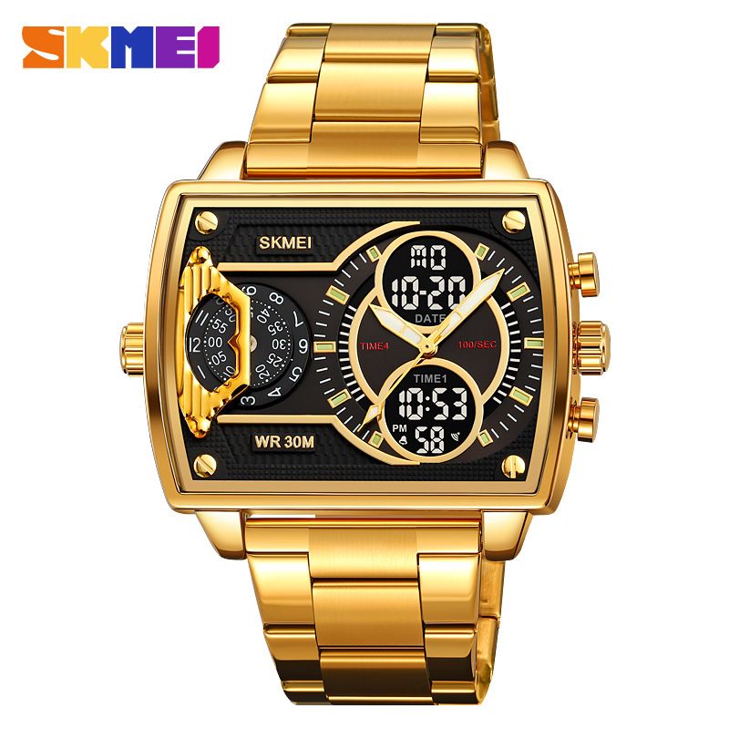 Shimei Dual Display Multi-Function Four-Time Electronic For Men, Large Dial, Heavy Fashion Steel Band Watch_voghion.com
