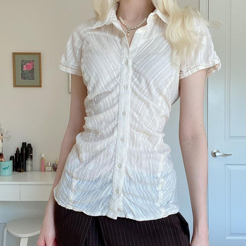 Chemise à motif texturé tendance et élégante pour femme, idéale pour les déplacements en été, nouveau cardigan slim à boutons, couleur unie_voghion.com