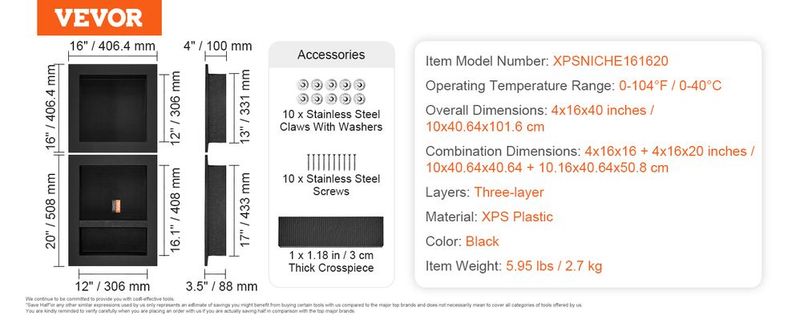 VEVOR Shower Niche Ready For Tile 16" X 16" & 16" X 20", Triple Shelf Organizer, Square Corners Wall-inserted Niche Recessed, Sealed Protection Modern Soap Storage Niche For Shower Bathroom, Black_voghion.com