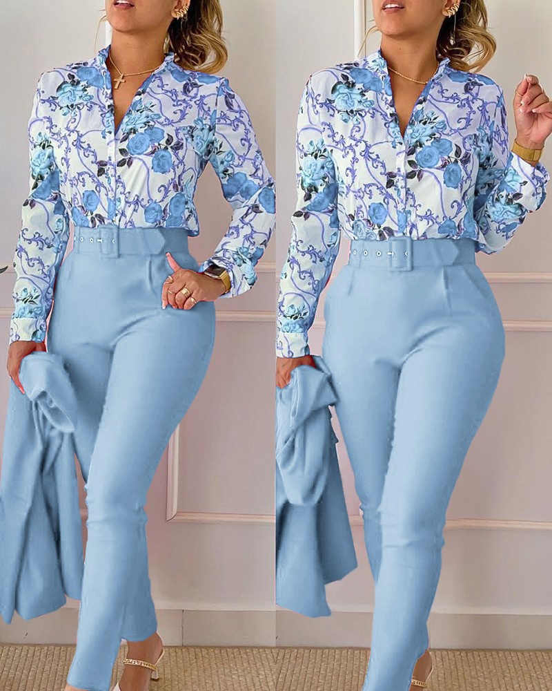 Damenmode-Modedruck-Langarmoberteil einfarbiges Hosenset mit Gürtel_voghion.com