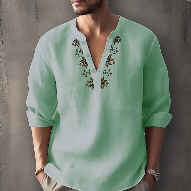 "Men's Summer Henley Neck Long Sleeve Shirt - Breathable Linen Blend, Wrinkle-Free & Moisture-Wicking, Casual Slim Fit For Daily Wear (White, )"_voghion.com