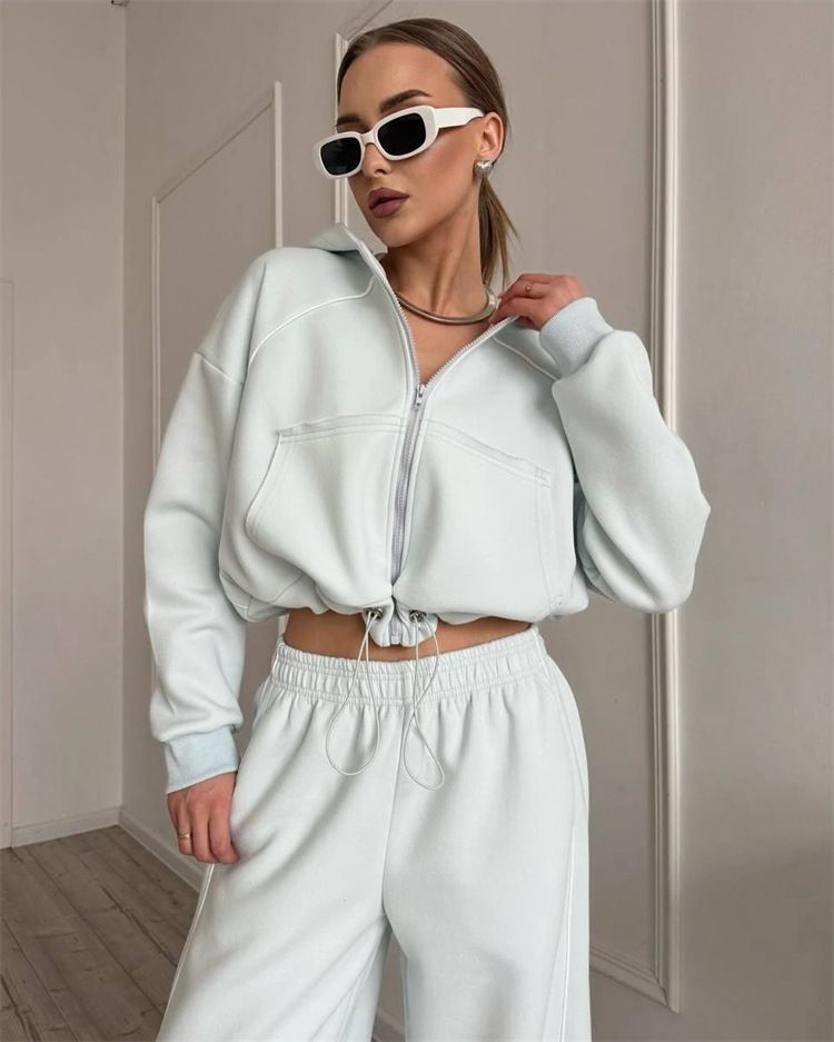 Lässiges Sportbekleidungsset für Damen – Langarmjacke mit Reißverschluss vorne und Jogginghose mit elastischem Bund (S–XL, einfarbig, Streetwear-Chic)_voghion.com