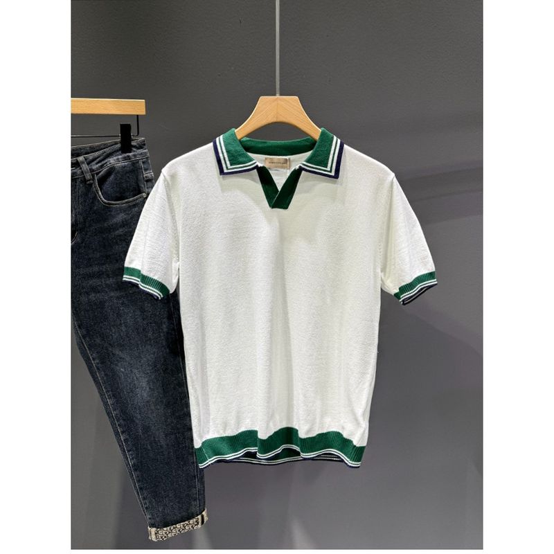 Herrenbekleidung Gestricktes Poloshirt mit V-Ausschnitt, farblich abgestimmt, leicht, reif, Retro, Sommer, kurzärmelig, hübsch, lässig, Herren-T-Shirt, neue Oberteile_voghion.com