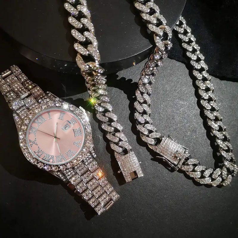 Hip Hop-klokkesett for menn Quartz Calendar Alloy Diamond Watch Armbånd & Halskjede_voghion.com