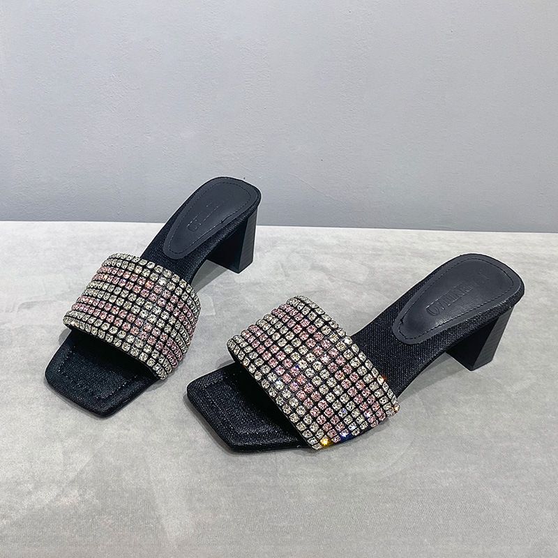 2025 Summer New Water Diamond High Women's Outerwear Coarse Heels Cool Trawl Red Same Style One Word Square Head Open_voghion.com