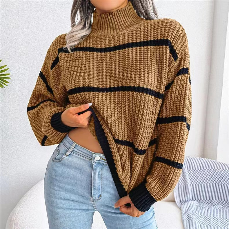 Suéter feminino casual listrado com manga lanterna e meia gola alta_voghion.com
