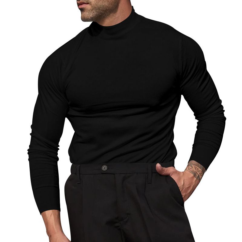 Herbst Winter Thermo Einfarbig Langarm T-Shirt Basishemd Eng Anliegender Halbhoher Kragen Herrenstil_voghion.com