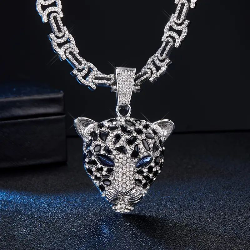 Ciondolo a catena cubana di alta qualità, con testa di leopardo, in lega di zinco, con punta a goccia per olio, stile street fashion per uomini e donne._voghion.com