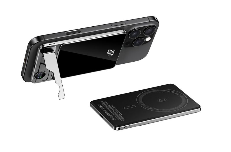 Batterie externe magnétique sans fil ultra-mince à charge rapide avec support intégré dissimulé et cordon_voghion.com