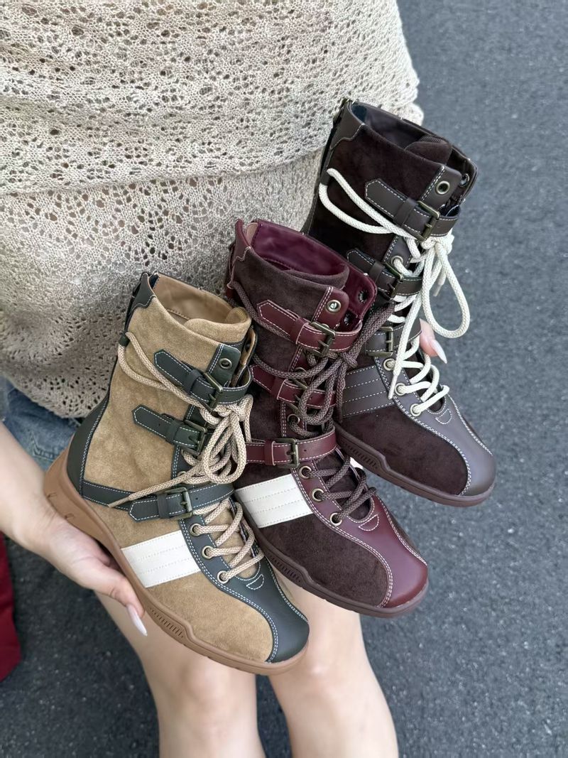 Damen-Boxstiefel, modisches Design, Farbblock, Gürtelschnalle, Boxen, Damen, High Top, deutsche Trainingsschuhe, lässig, Martin-Stiefel, trendig_voghion.com