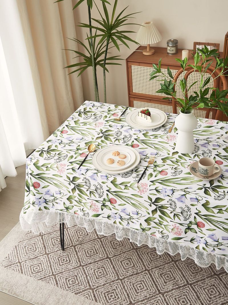 Vintage Abstract Floral Tablecloth – Polyester Lace-Trimmed Rectangular Table Cover For Dining & Coffee Tables (Non-Slip, Washable, Country Style)_voghion.com