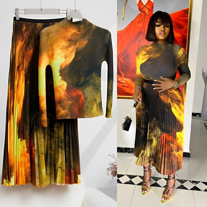 Abito da donna Miyaki plissettato alla moda con contrasto di colore, scollo rotondo, manica lunga, maxi, casual, completo gonna_voghion.com