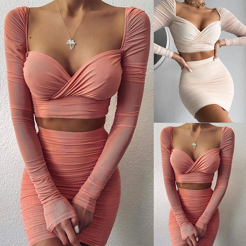 Abbigliamento da donna Casual Manica lunga Sexy Top Avvolto Anca Mezza gonna Set di tute da sci in due pezzi_voghion.com