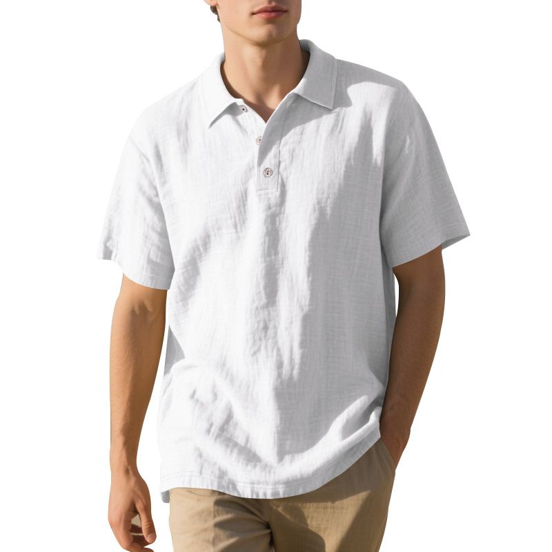 2025 Sommer Herren British Style Casual Button Loose Leinen Turn-Down-Kragen Polo Kurzarmhemd für Männer_voghion.com