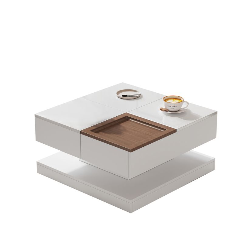Table basse relevable 75,5 x 75,5 x 38 cm avec 4 compartiments de rangement, table de salon multifonctionnelle blanc brillant et ton bois, table d'appoint avec plateau amovible._voghion.com