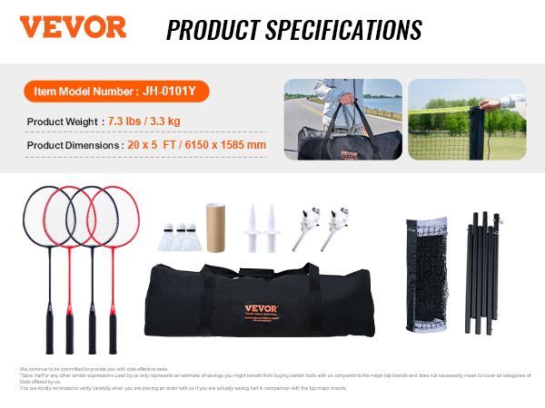 VEVOR Badminton Net Set, Outdoor Backyard Beach Park Badminton Net, Portable Badminton Equipment Set, Adults Kids Badminton Net With Poles, Carrying Bag, 4 Iron Rackets, And 3 Nylon Shuttlecocks_voghion.com