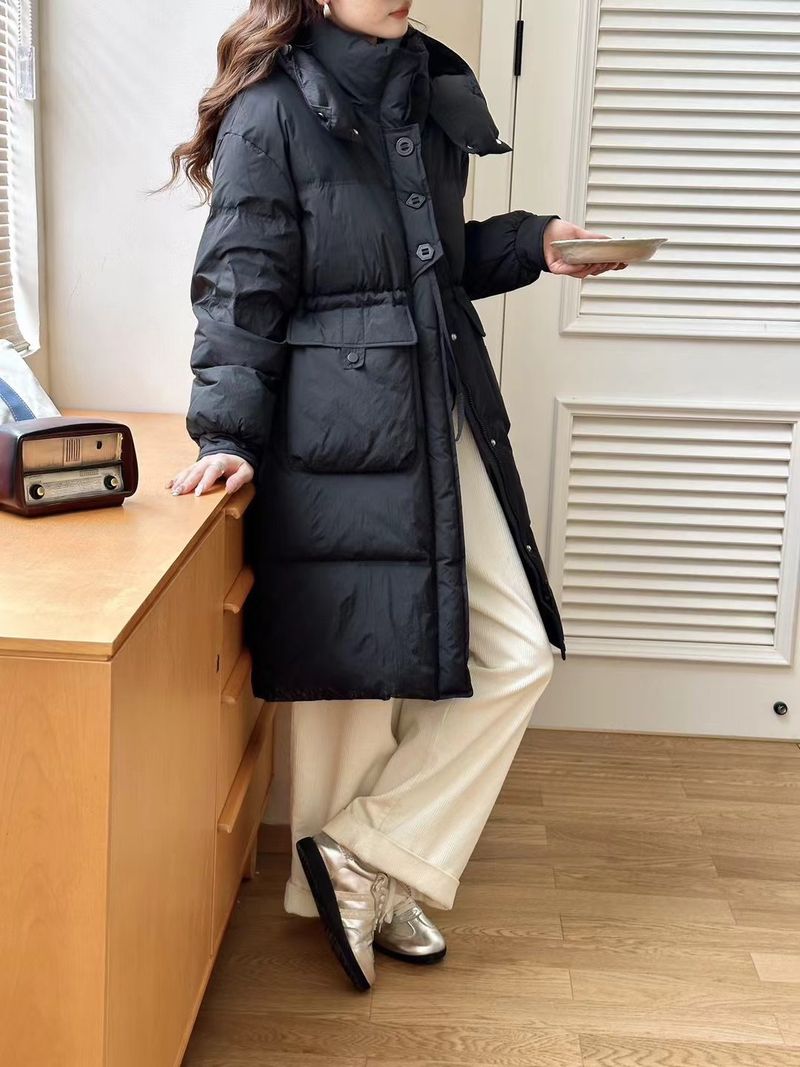 Piumino lungo da donna con cappuccio - Giacca invernale slim fit di alta qualità, piumino caldo e spesso, imbottitura in piuma d'anatra bianca, parka casual oversize_voghion.com