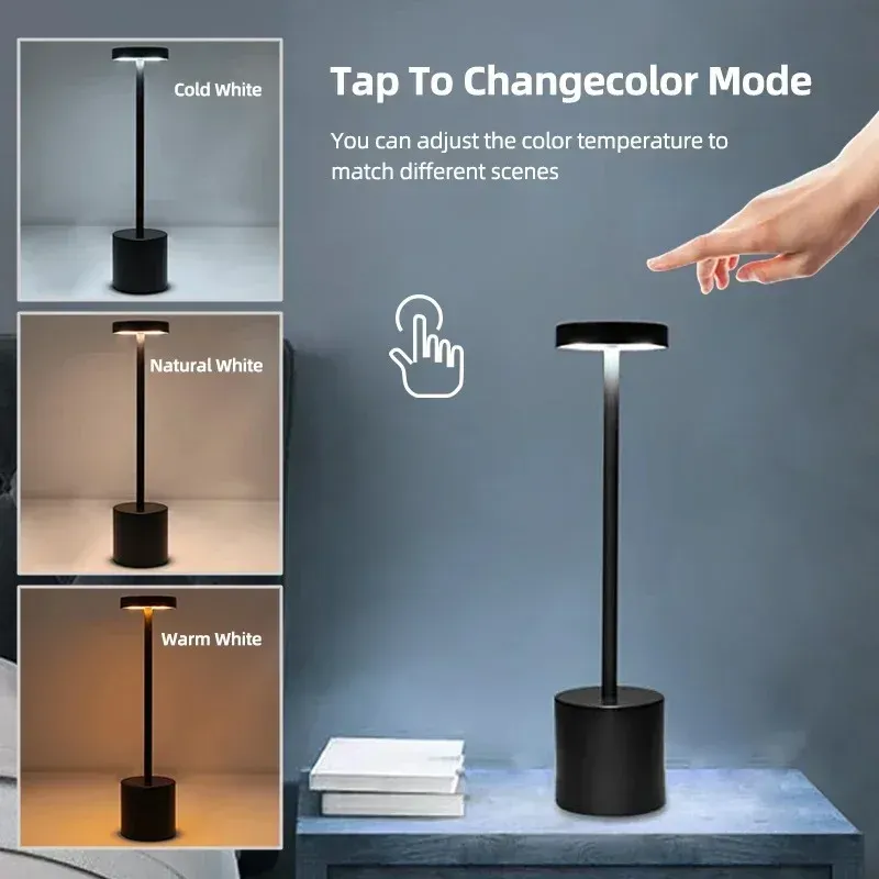 Lampada da tavolo semplice a LED ricaricabile in metallo con tocco, tre colori, lampada da scrivania senza fili da comodino, decorazione per esterni, luce notturna a LED_voghion.com