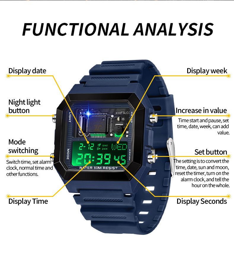 Digitaal wekkerhorloge met multifunctionele timer, stopwatch, LED-achtergrondverlichting, waterdicht tot 50 m, unisex vierkant sporthorloge voor studenten en professionals_voghion.com