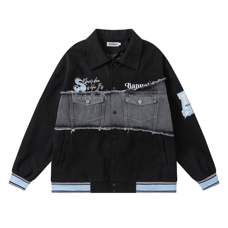 Herenkleding Street niche denim patchwork honkbaljack heren en dames herfst plus fluwelen verdikte oversized jas_voghion.com